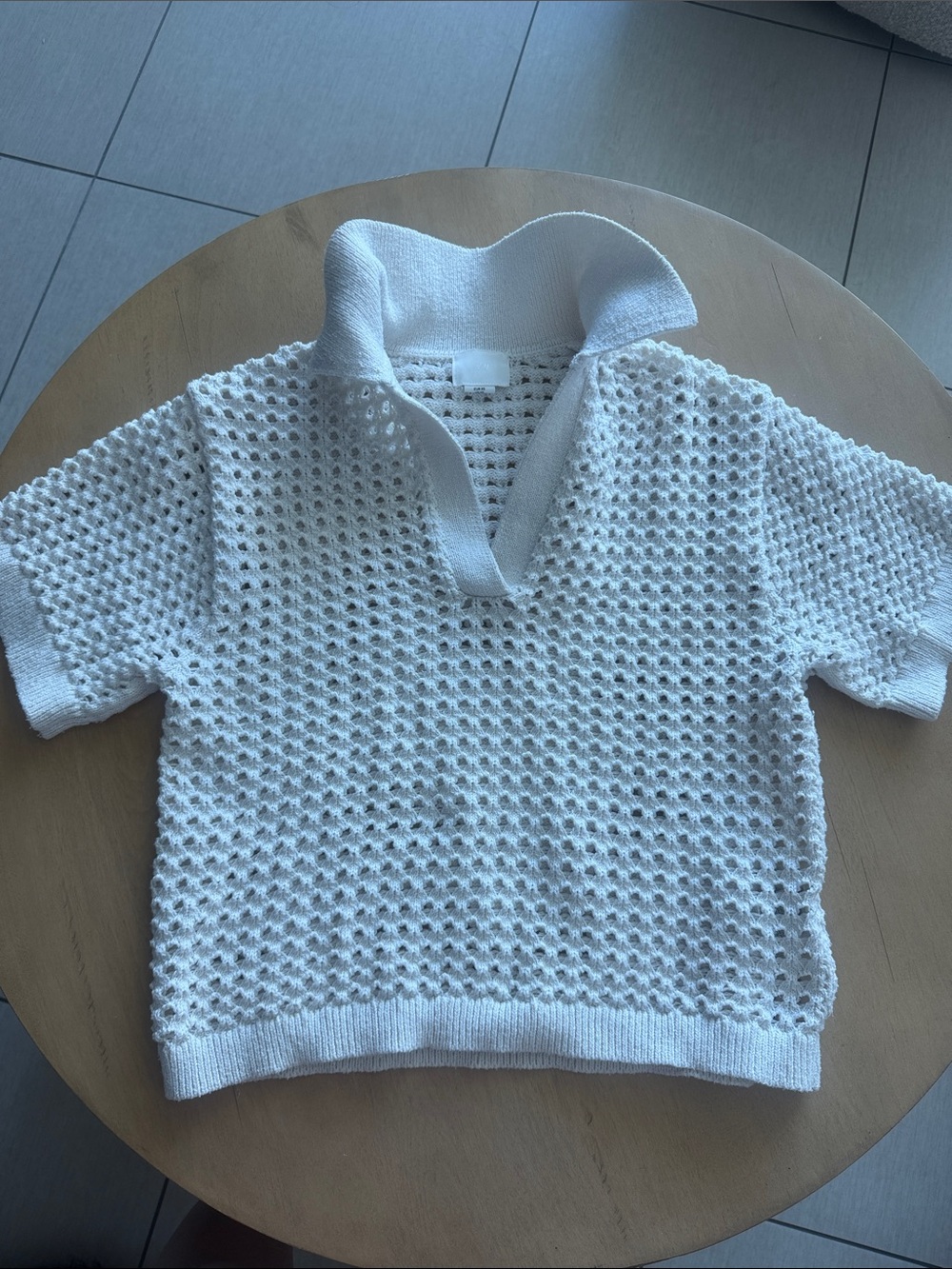 White Open-Knit Polo Sweater Top